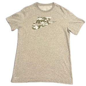 Nike Dri Fit Swoosh Logo Tee T Shirt Mens Size L Gray Short Sleeve Camo Logo